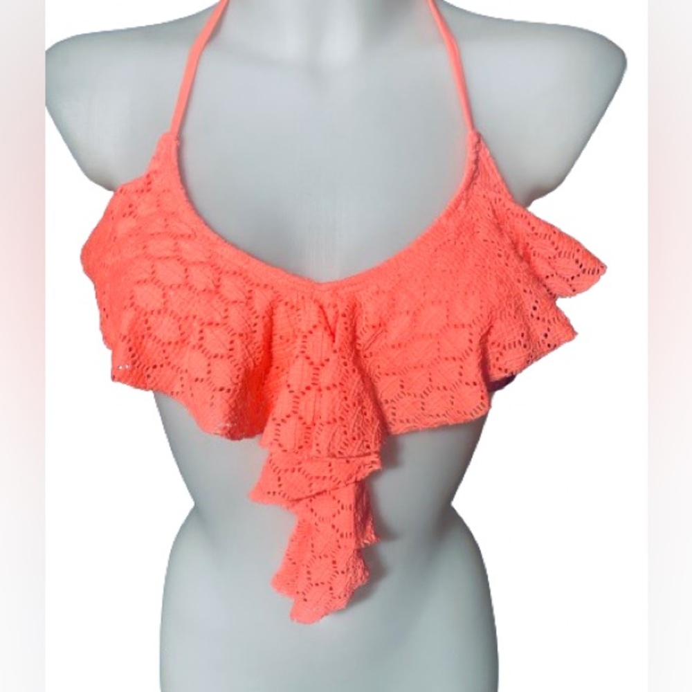 Roxy Swim Mango Coloured Crocheted Lacy Halter Ruffle Bikini Top Size Small NWT